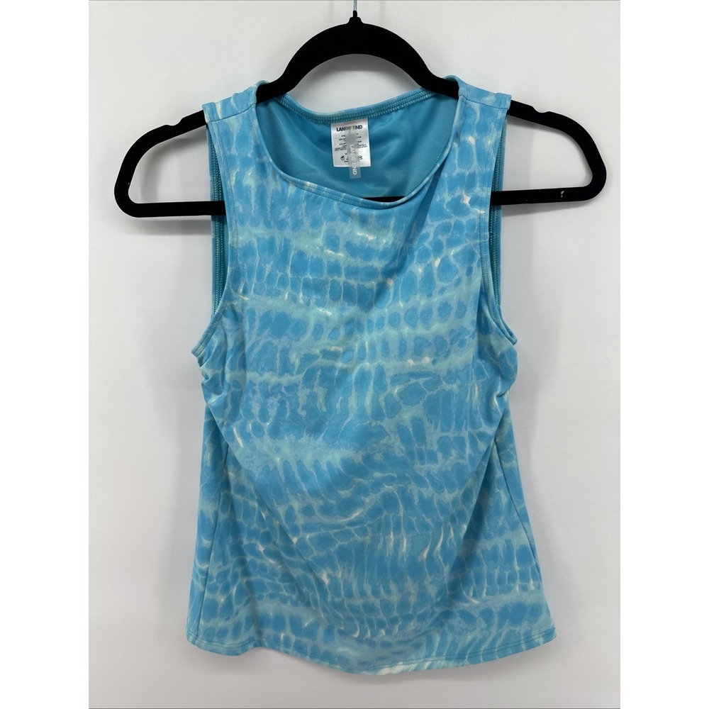 Lands End High Neck Modest Tankini Swimsuit Top Size 2 Blue White